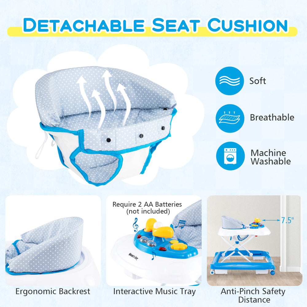 Foldable baby walker with padded seat cushion, adjustable heights, and interactive music tray for safe playtime.