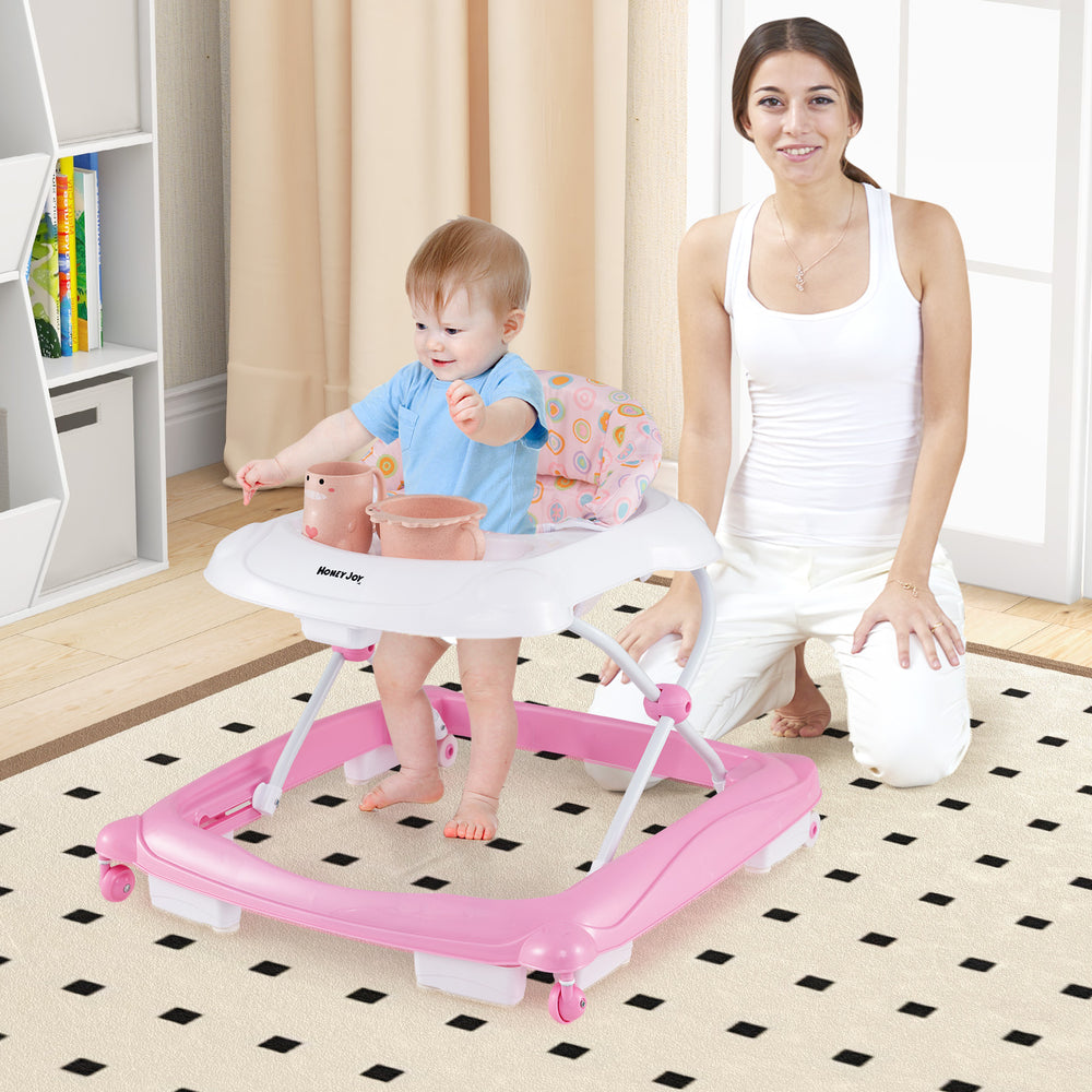 Foldable Baby Walker with 3 Adjustable Heights and Padded Seat-Pink - Gallery View 1 of 12