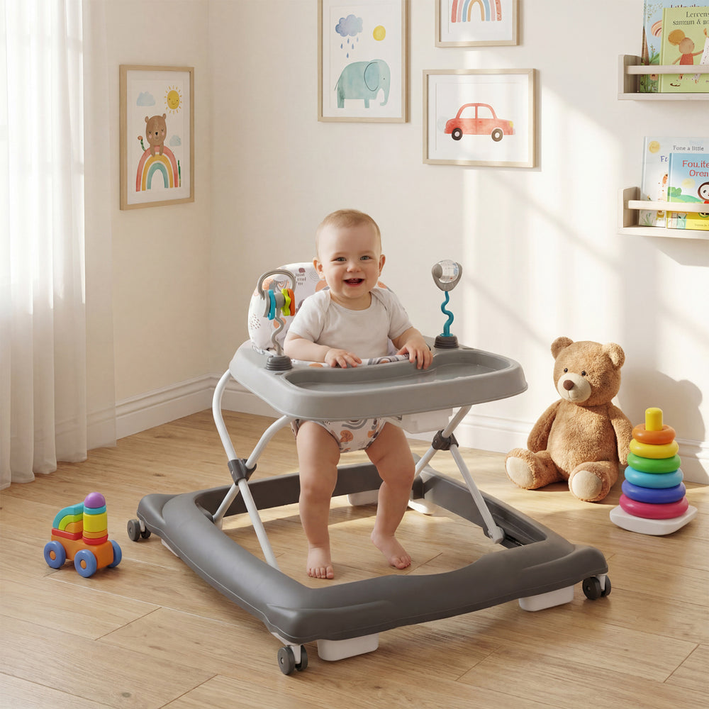 Foldable baby walker in gray with adjustable height, removable seat, and feeding tray for kids aged 6-12 months.