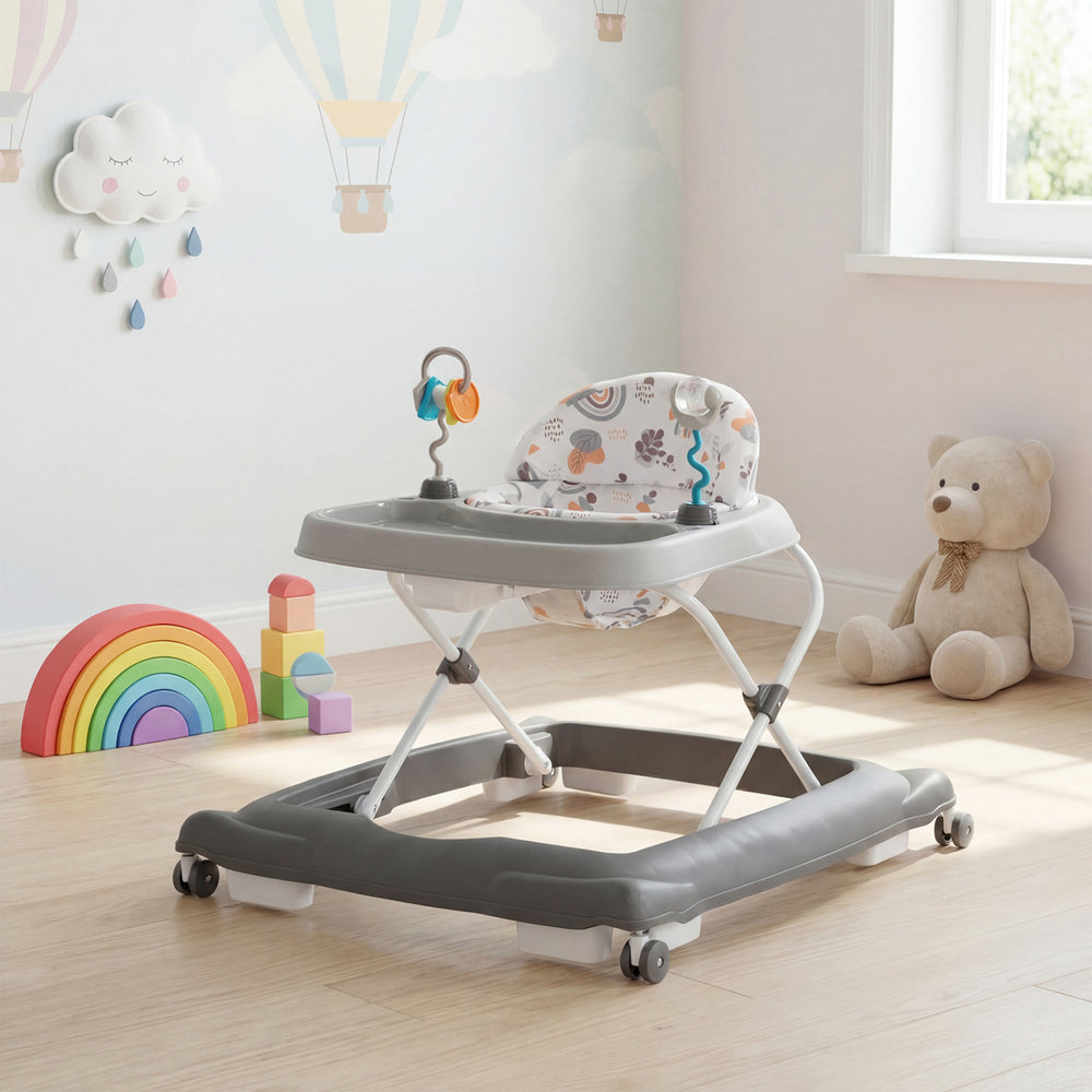 Foldable baby walker in gray with adjustable height, removable seat, and safety features for kids 6-12 months.