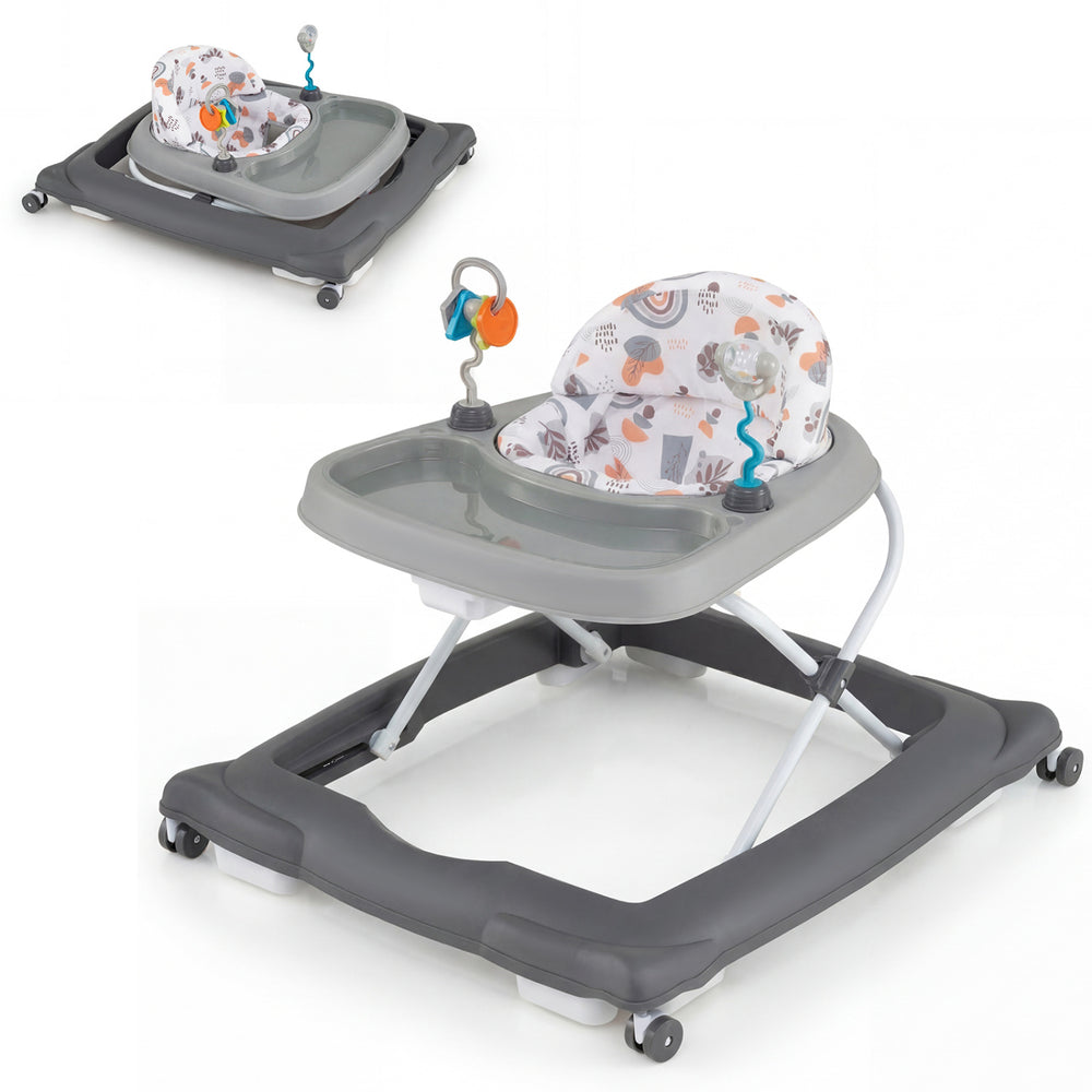 Foldable baby walker in gray featuring a supportive backrest and a stable triangular structure for kids 6-12 months.