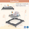 Foldable baby walker in gray with adjustable height, removable seat, and detachable feeding tray for ages 6-12 months.