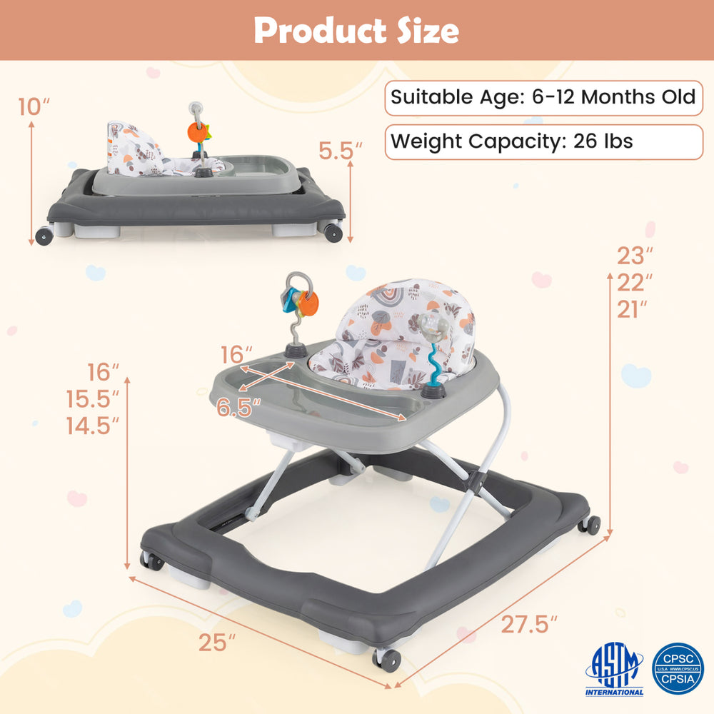 Foldable baby walker in gray with adjustable height, removable seat, and detachable feeding tray for ages 6-12 months.