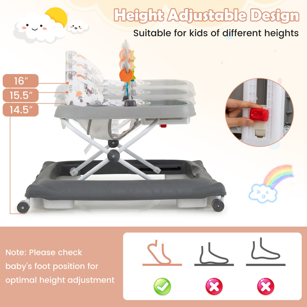Foldable baby walker in gray with adjustable height, removable seat, and safety features for kids aged 6-12 months.