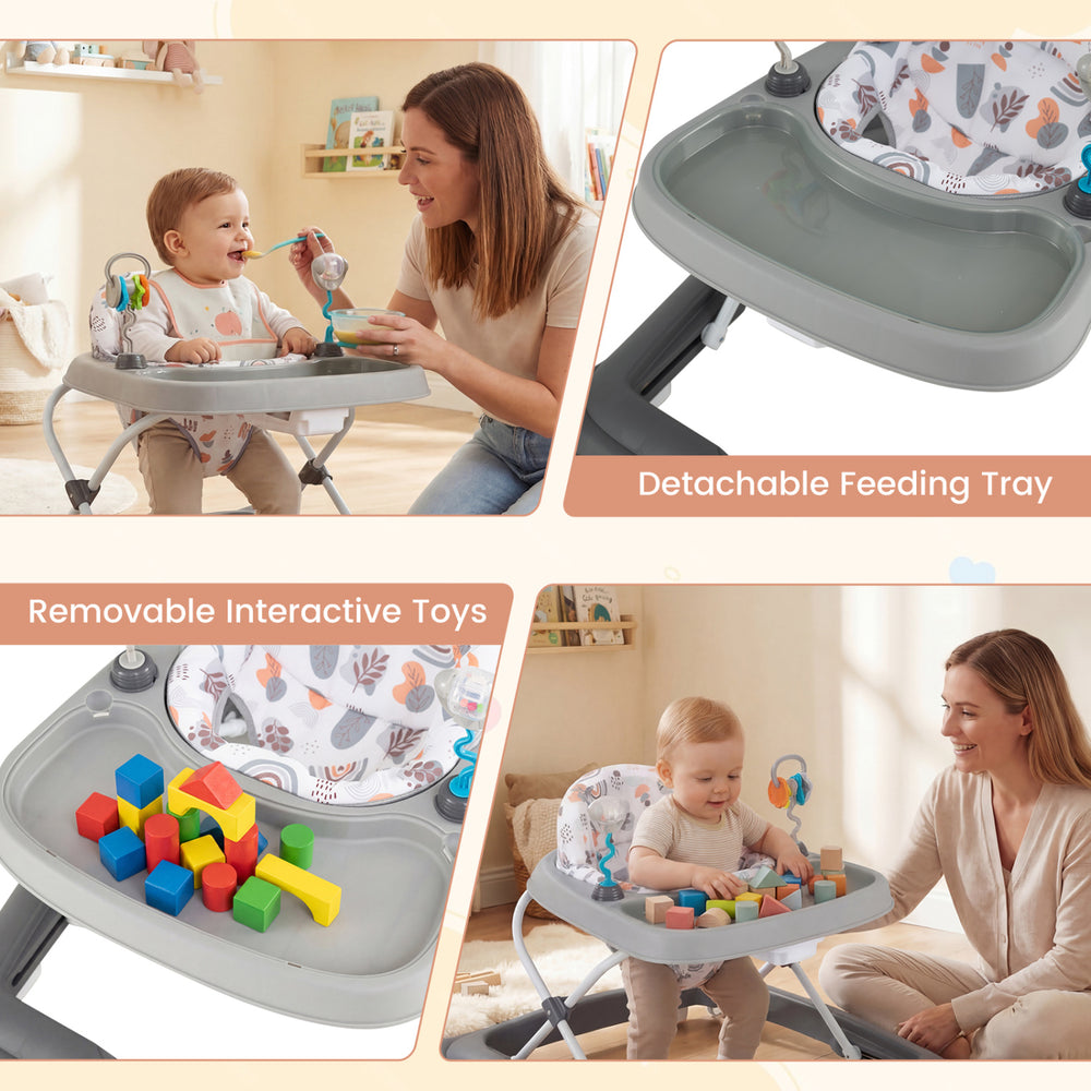 Foldable baby walker in gray with detachable feeding tray and interactive toys, ideal for kids aged 6-12 months.
