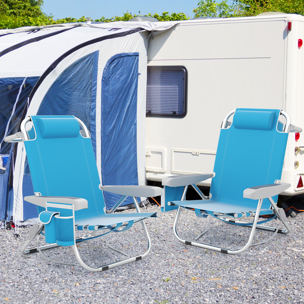 Foldable Backpack Beach Chair with Cup Holder and Storage Pockets Set of 2-Blue - Gallery View 1 of 10