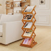 Foldable bamboo magazine rack with 5-tier inclined shelves and 2 adjustable positions for displaying magazines and books.