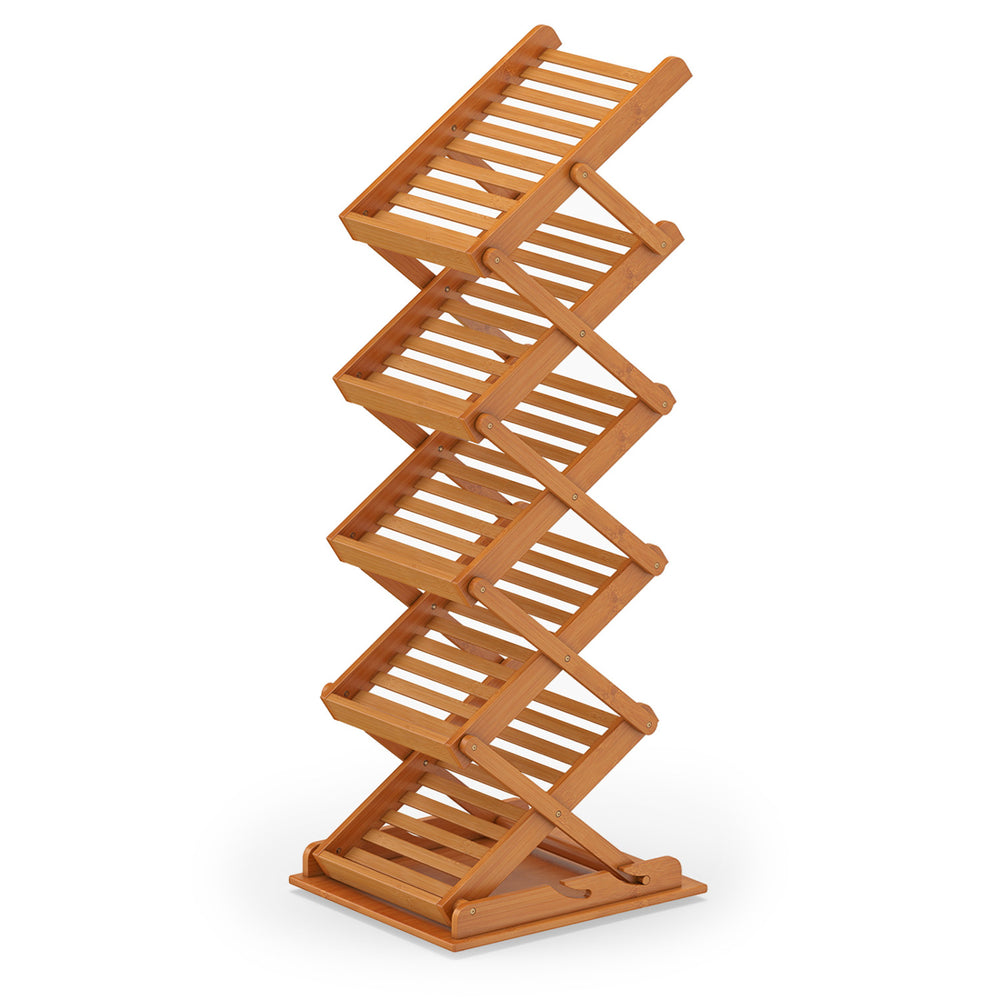 Foldable bamboo magazine rack with a stable base and 5 inclined shelves, designed for easy access to your reading materials.