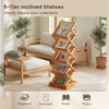 Foldable bamboo magazine rack with 5-tier inclined shelves, featuring adjustable positions for displaying magazines and books.