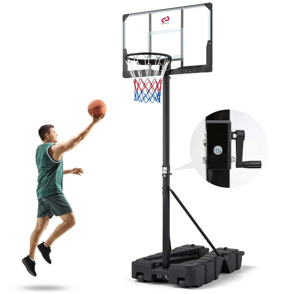 Foldable basketball hoop with adjustable height, shatterproof PC backboard, and stable base for indoor or outdoor use.