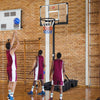 Foldable basketball hoop with adjustable height, featuring a shatterproof backboard and stable triangular base for.
