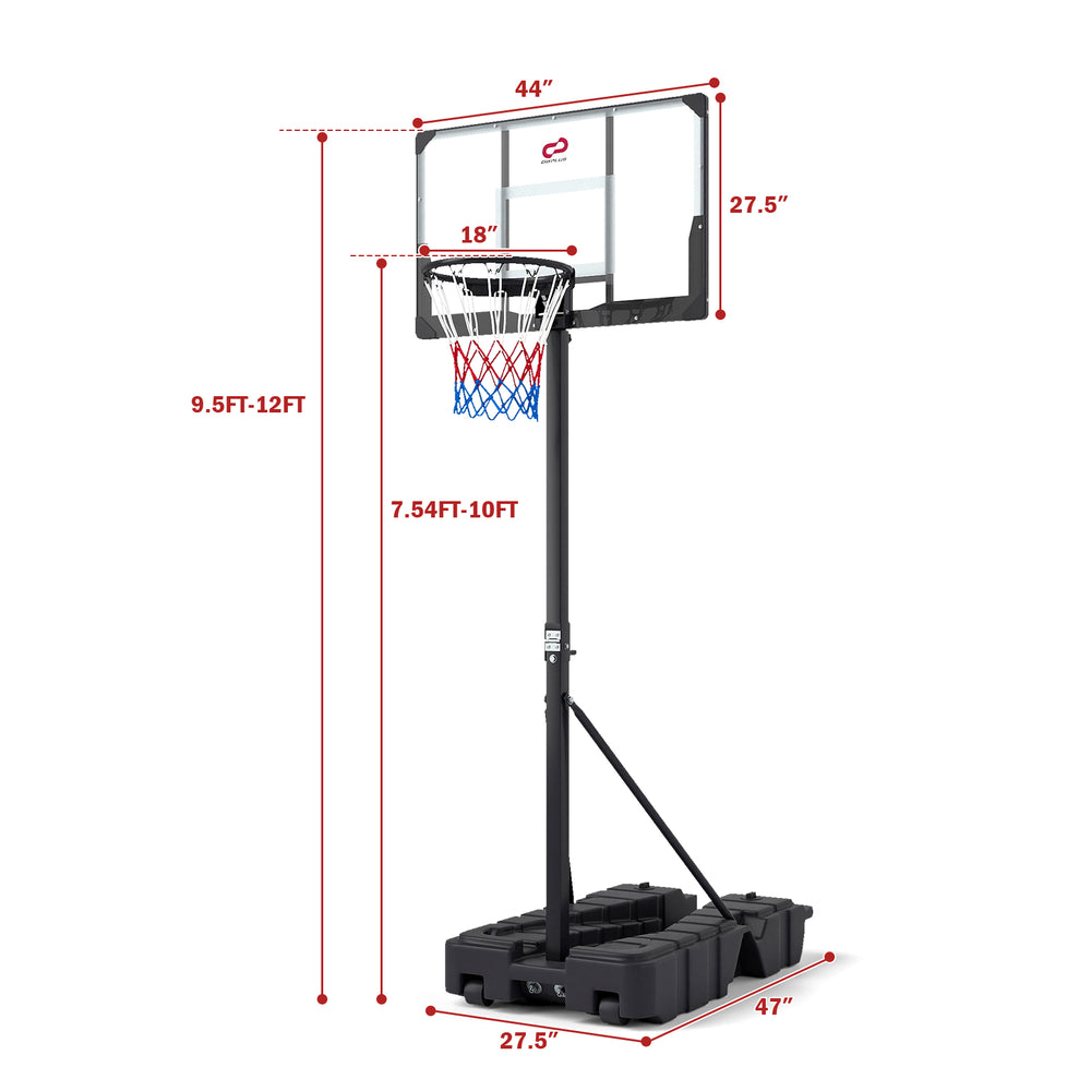 Foldable basketball hoop with adjustable height from 7.54 to 10 ft, featuring a shatterproof PC backboard and stable.