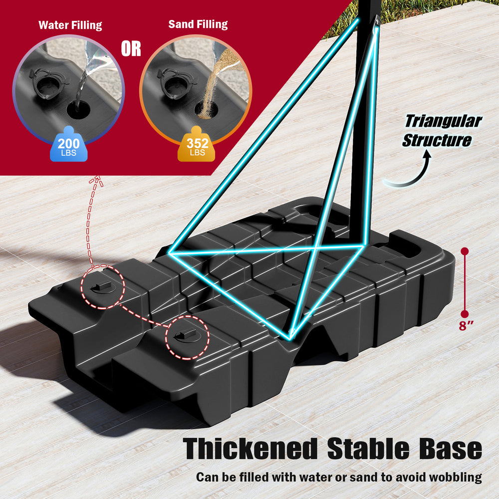 Thickened base of foldable basketball hoop, fillable with 200 lbs water or 352 lbs sand for stability during play.