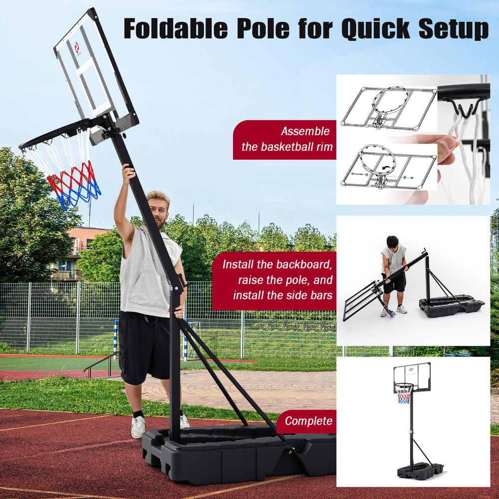 Foldable basketball hoop with a quick setup design, featuring a sturdy base and adjustable height for all skill levels.