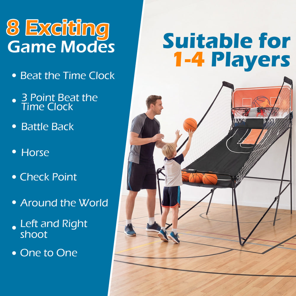 Foldable basketball arcade game with electronic scoring, suitable for 1-4 players, featuring 8 exciting game modes.