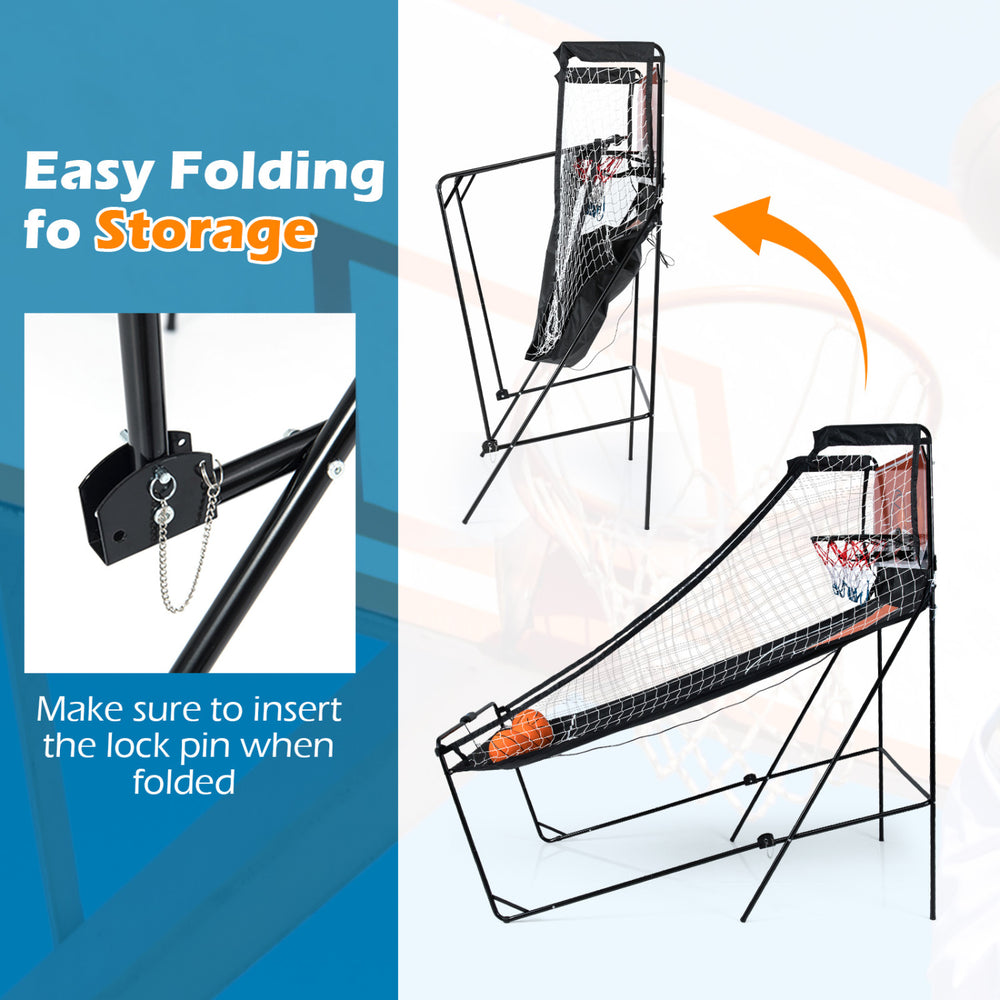 Foldable basketball arcade game with electronic scoring and quick-folding feature for easy storage and fun play.