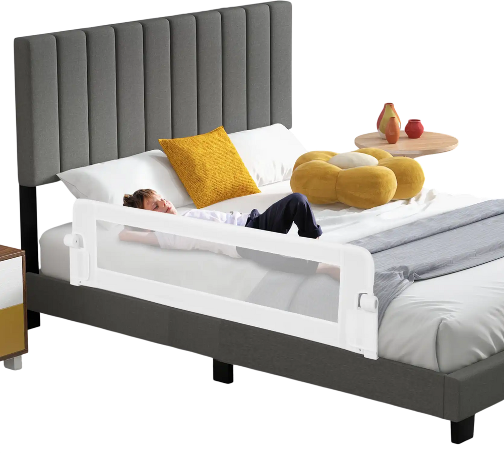 Foldable 60-inch baby bed guard rail in white, featuring adjustable safety strap and soft padding for toddler safety.