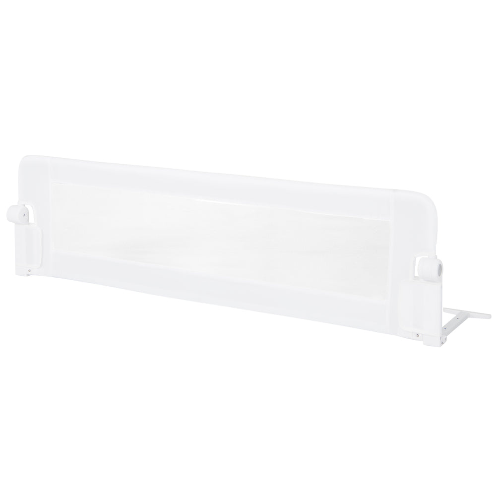 Foldable 60-inch baby bed guard rail in white with adjustable safety strap, designed for toddler safety and stability.