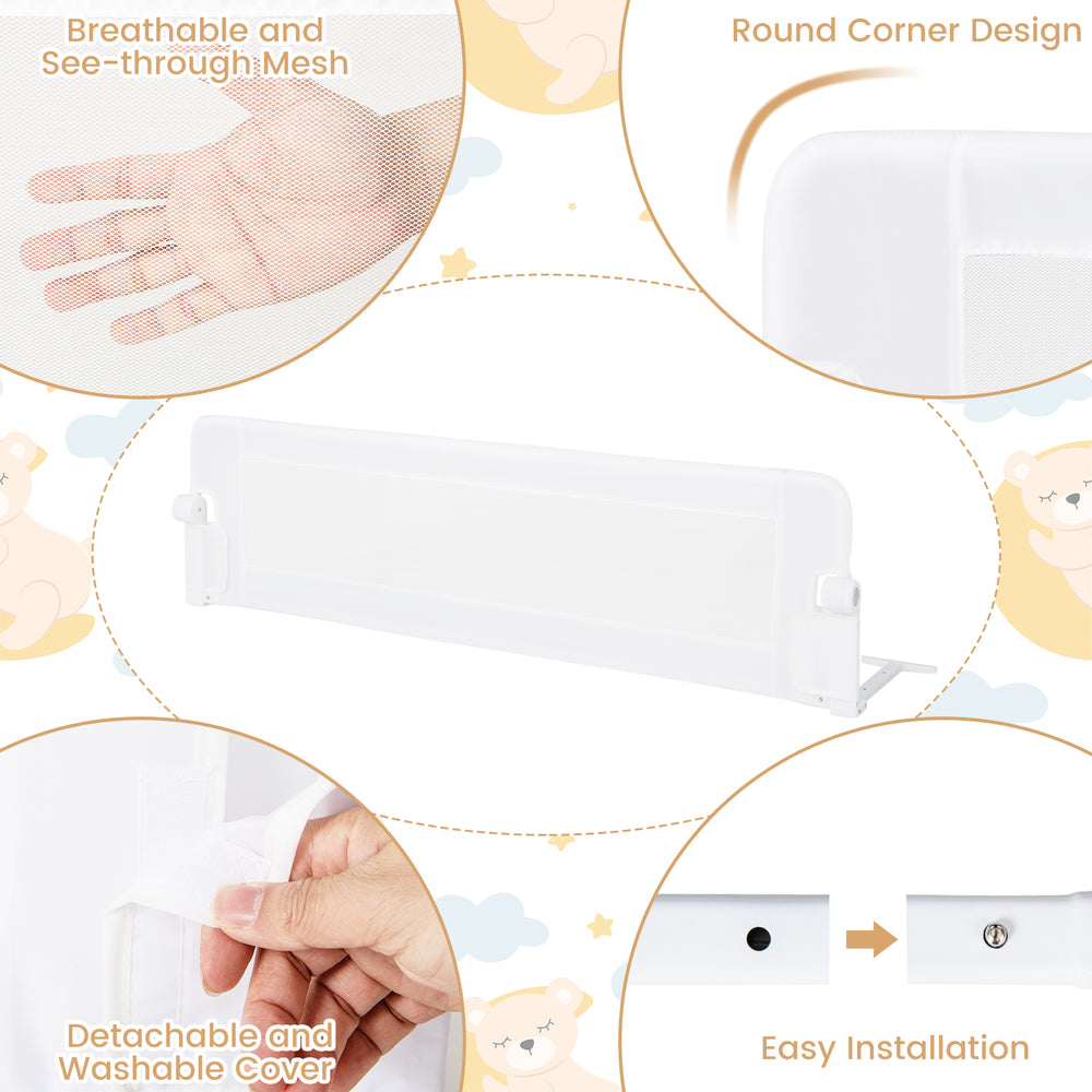 Foldable 60-inch baby bed guard rail in white with adjustable safety strap and removable cover for easy care.