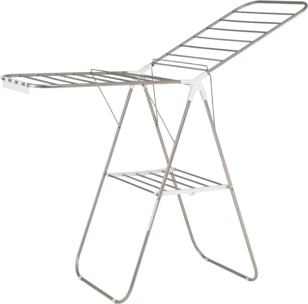 Foldable clothes drying rack with adjustable wings, stainless steel frame, and multiple sock clips for versatile drying.