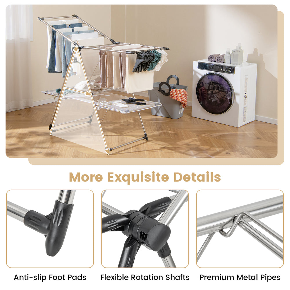 Large foldable clothes drying rack with adjustable wings, removable top bar, and non-slip foot pads for stability.