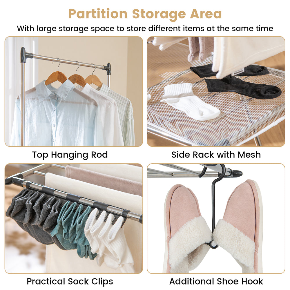Large foldable clothes drying rack with tall hanging bar, sock clips, and shoe hook for efficient indoor and outdoor.