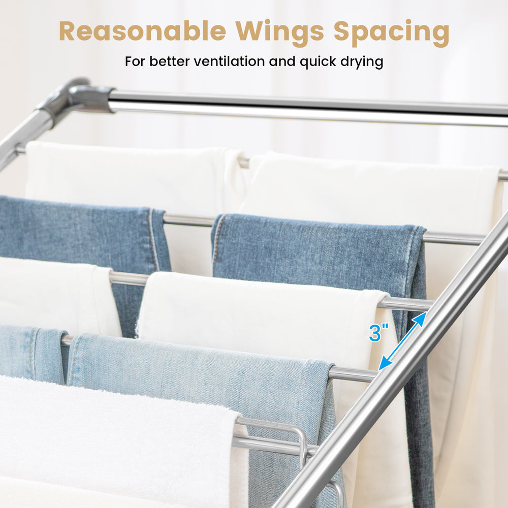 Large foldable clothes drying rack showing 3" wing spacing for improved ventilation and quick drying of garments.