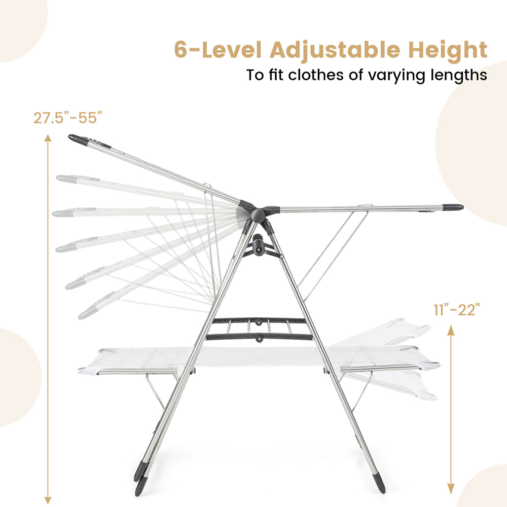 Large foldable clothes drying rack with adjustable height, featuring a tall hanging bar for versatile drying indoors or.