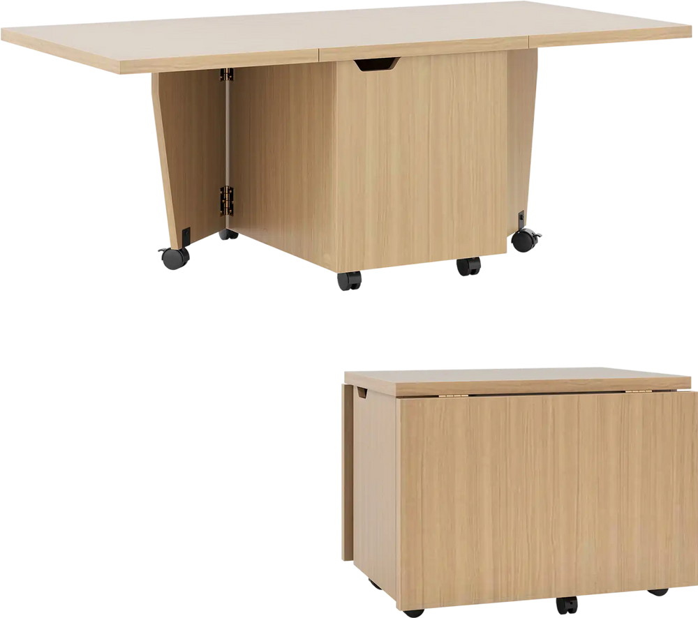 Foldable coffee table with storage cabinet in oak, featuring a compact design and rolling wheels for easy mobility.