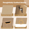 Detail shot of the foldable coffee table's wood grain surface, soft close hinges, and convenient cut-out handles.