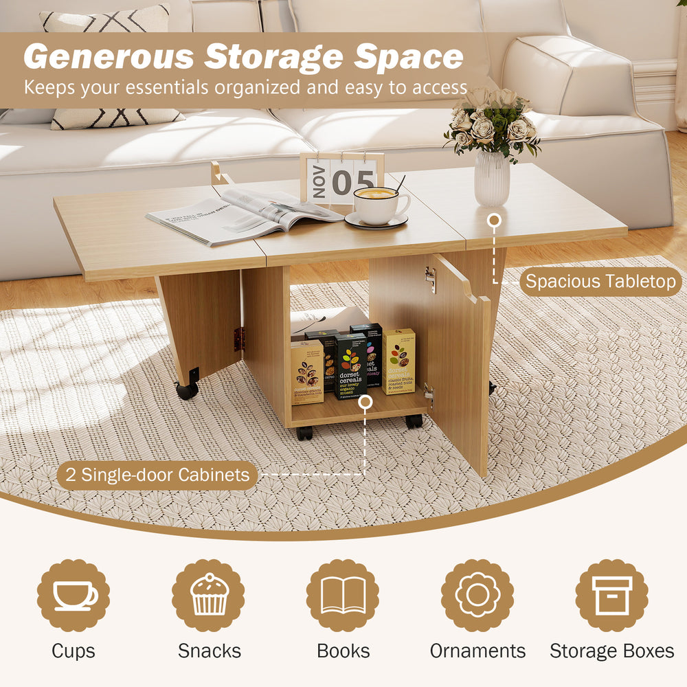 Foldable coffee table in oak with storage cabinet, featuring a spacious tabletop and two single-door cabinets for.