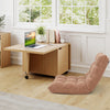 Foldable coffee table in oak with storage cabinet, showcasing a compact design and rolling wheels for easy mobility.