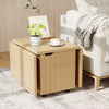 Foldable coffee table in oak with storage cabinet, featuring a quick-folding tabletop and wheels for easy mobility.