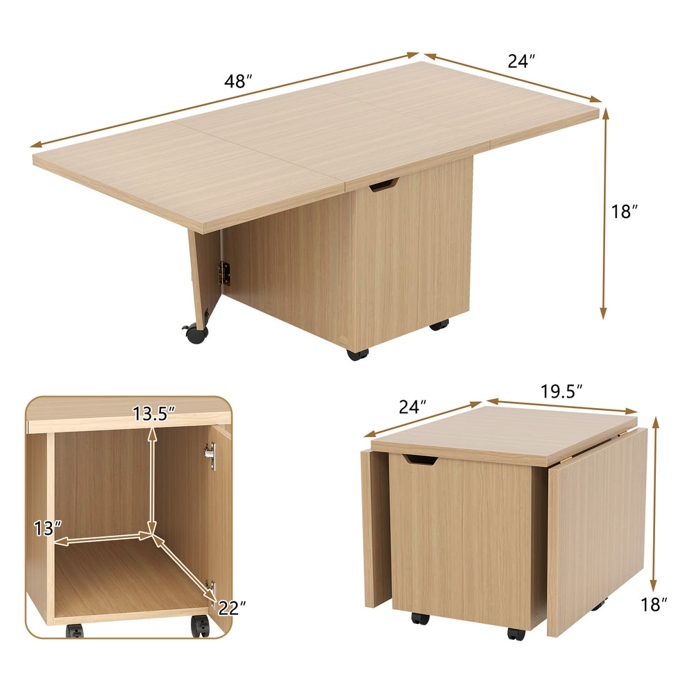 Foldable coffee table with storage cabinet in oak, shown from the side with open doors for easy access to storage.