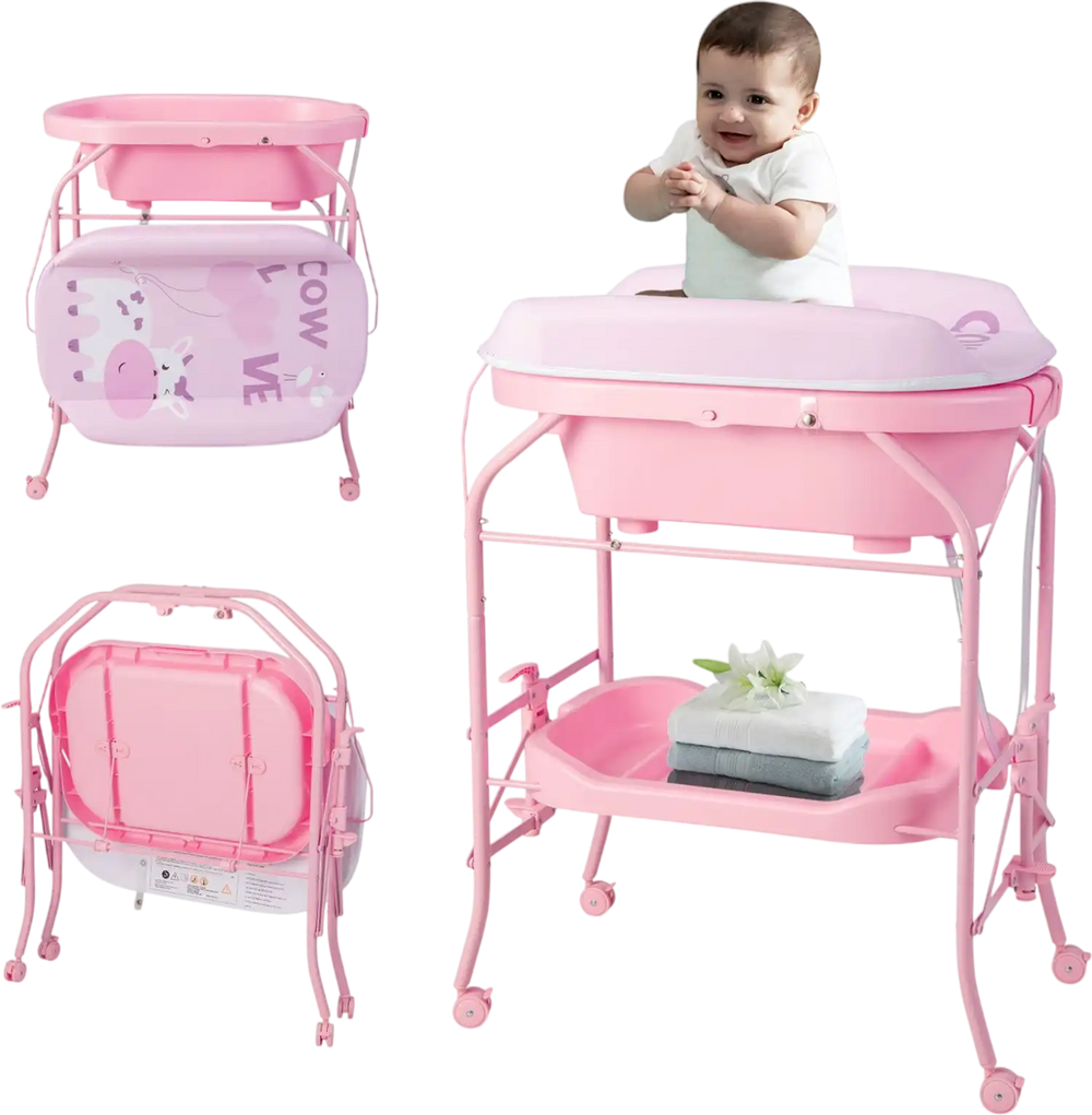 Foldable pink diaper changing table on wheels with bathtub, shown with baby and storage shelf for nursery care.