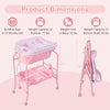 Foldable pink diaper changing table with bathtub shown folded, with 41-inch height and wheels for nursery use.