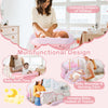 Foldable pink diaper changing table with bathtub and wheels shown during baby care in a nursery.