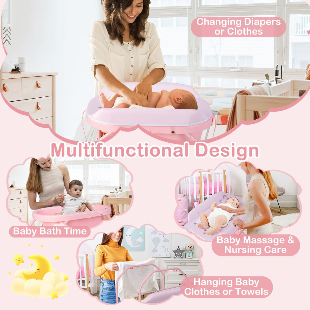 Foldable pink diaper changing table with bathtub and wheels shown during baby care in a nursery.