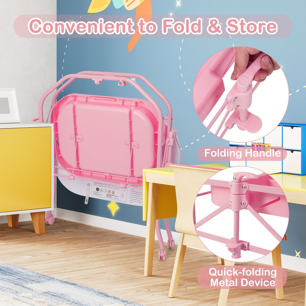 Foldable pink diaper changing table with bathtub, shown folded at its joints and on wheels in a nursery.