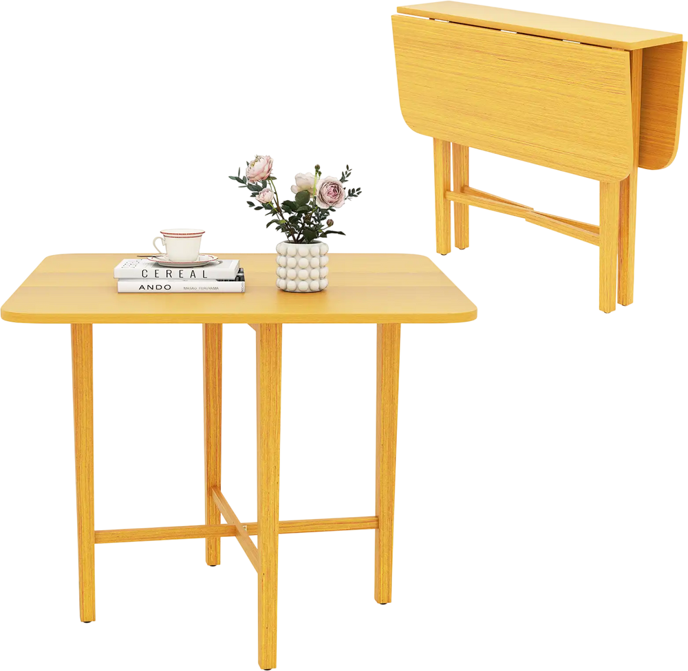 Foldable dining table with natural wood finish, rubber wood legs, and drop leaf design for small spaces, ideal for 2-4.