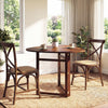 Foldable 31.5" triangular dining table in walnut finish with two chairs, perfect for small kitchens or breakfast nooks.