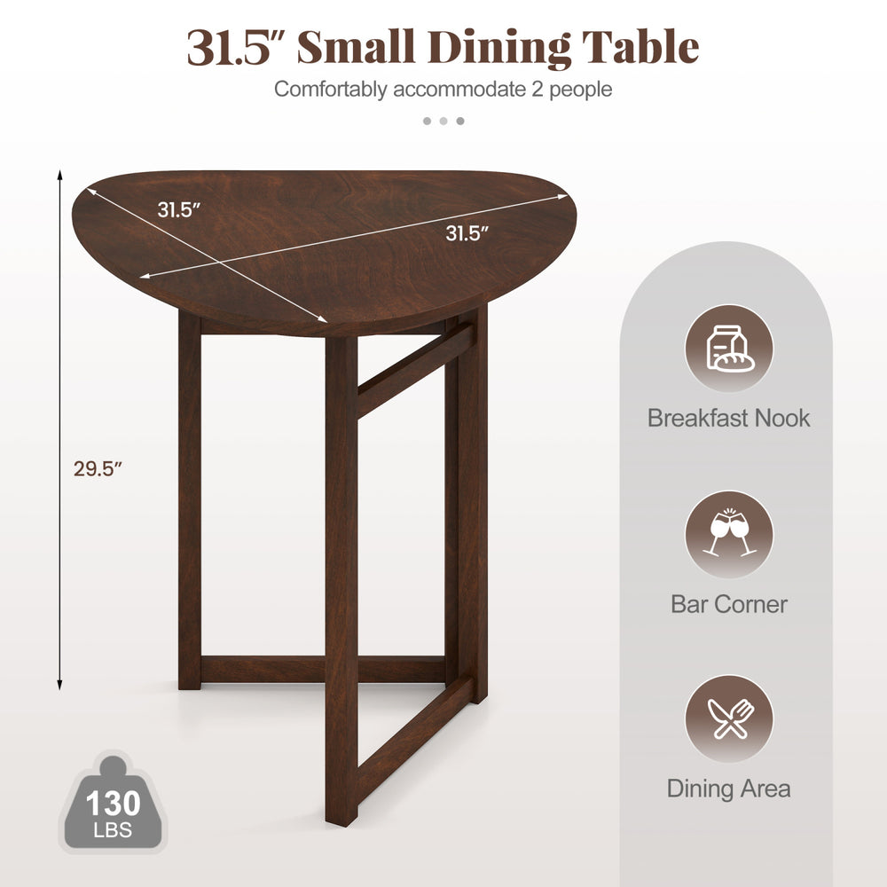 Triangular 31.5" walnut foldable dining table for 2, perfect for small spaces and breakfast nooks.
