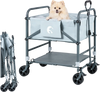 Foldable dog bath cart in gray features adjustable height, 4 wheels, and detachable care board for easy pet grooming.