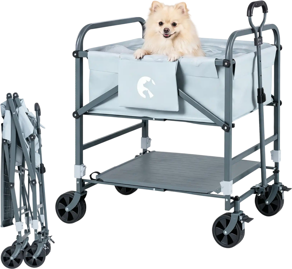 Foldable dog bath cart in gray features adjustable height, 4 wheels, and detachable care board for easy pet grooming.