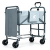 Foldable dog bath cart in gray features adjustable height, four wheels, and multifunctional storage for pet grooming.