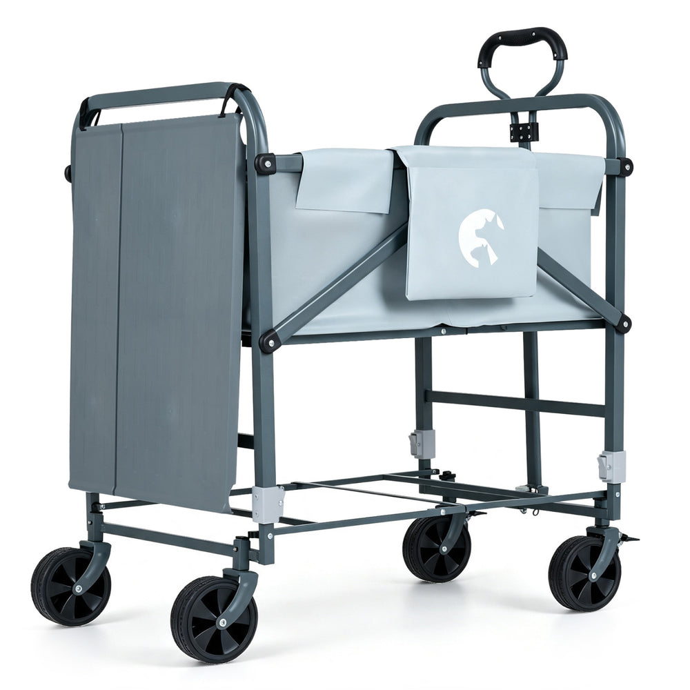 Foldable dog bath cart in gray features adjustable height, four wheels, and multifunctional storage for pet grooming.