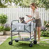 Foldable dog bath cart in gray features adjustable height, 4 wheels for mobility, and waterproof liner for easy cleaning.