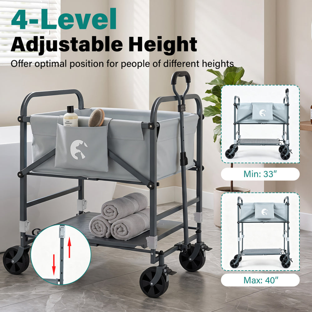 Foldable dog bath cart in gray with 4-level adjustable height, detachable care board, and smooth-rolling wheels for pets.