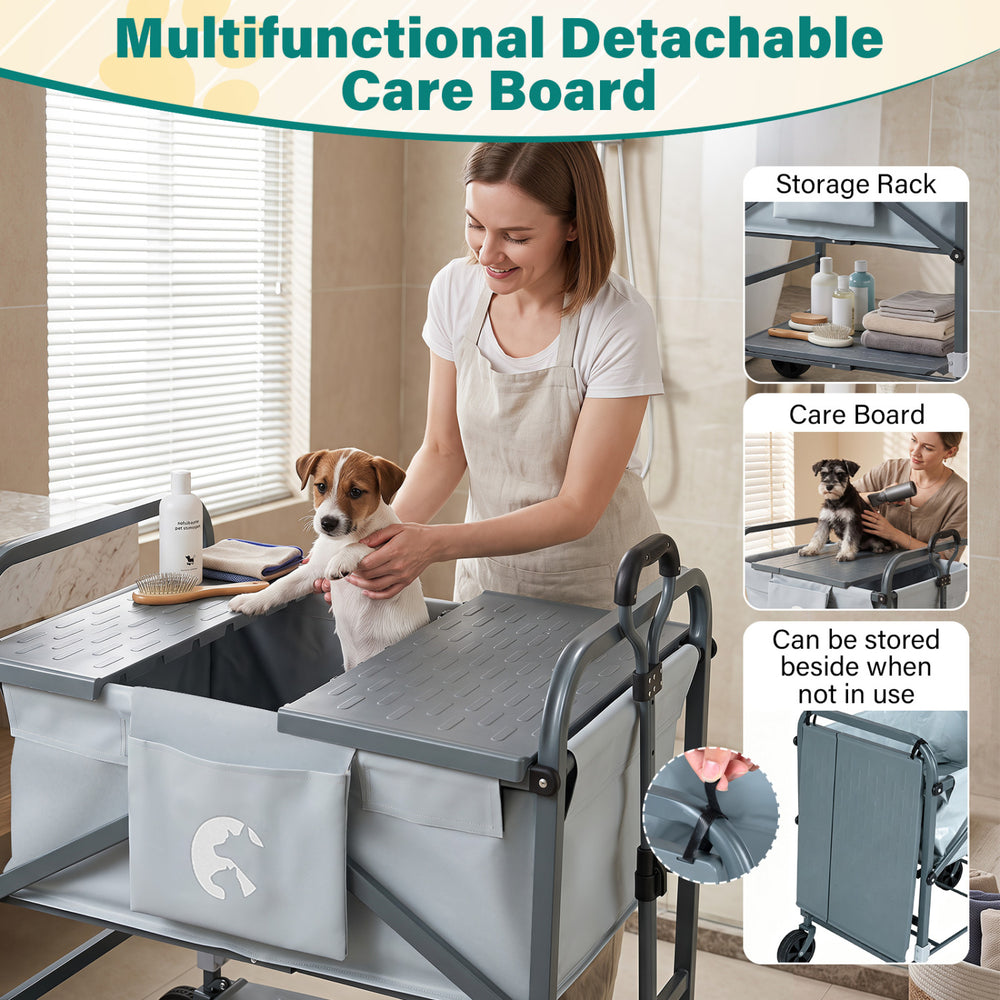 Foldable dog bath cart in gray features a multifunctional detachable care board and adjustable height for pet grooming.