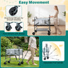 Foldable dog bath cart in gray features adjustable height, directional wheels, and multifunctional storage for pets.